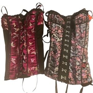 Two Women's Jacquard Corset Tops Butterfly‎ Dragon Brocade Lace Up Pink Black